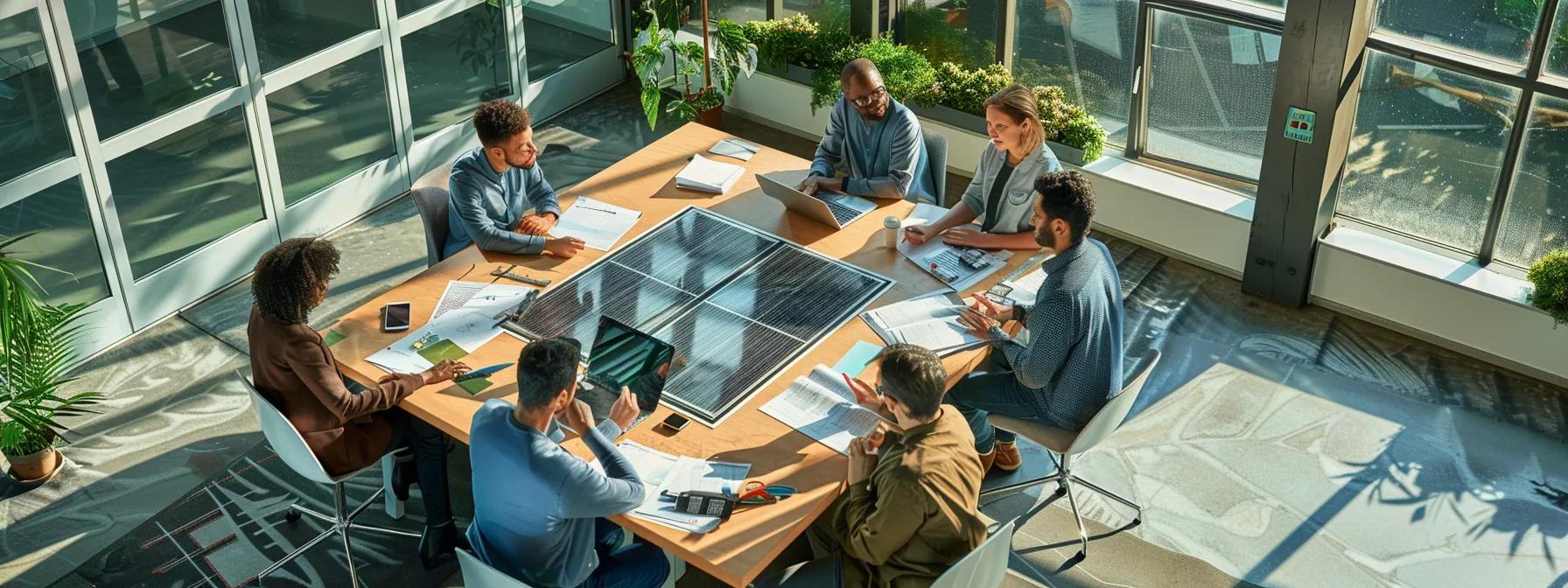 a focused office environment showcases a diverse team of professionals engaged in a detailed discussion around a large table, with plans and technical diagrams for solar panel installation spread out, emphasizing the importance of permits and compliance in an urban setting. a focused office environment showcases a diverse team of professionals engaged in a detailed discussion around a large table, with plans and technical diagrams for solar panel installation spread out, emphasizing the importance of permits and compliance in an urban setting.