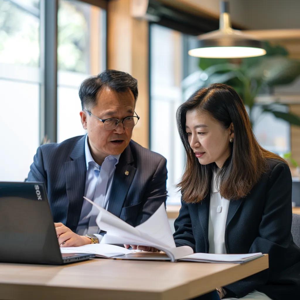 a focused office environment features a professional legal advisor engaging confidently with a client, surrounded by documents and a laptop, conveying the urgency and expertise of securing legal assistance for visa applications.
