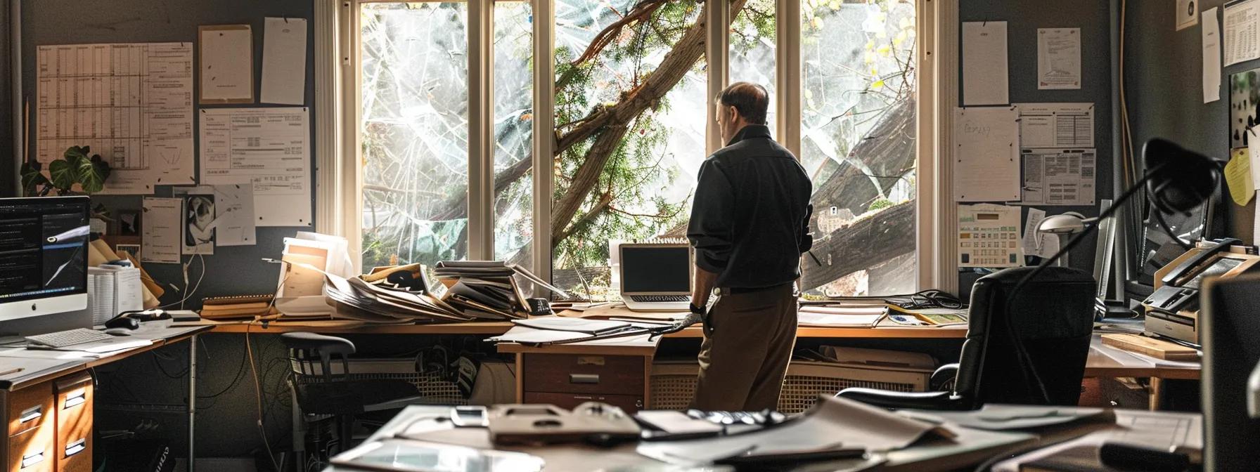 a focused office environment features a professional assessing damage from a fallen tree through a window, surrounded by documentation and photographs, ensuring a decisive and safe response to the emergency.
