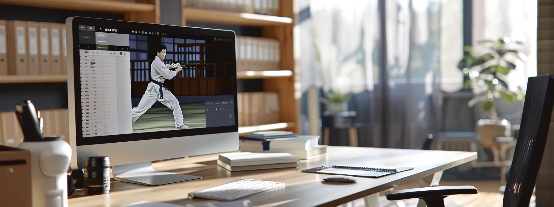a focused office environment features a sleek, modern computer screen displaying a dynamic user interface for a martial arts membership database, surrounded by documents and digital devices, emphasizing the strategic decision-making process for dojo management. a focused office environment features a sleek, modern computer screen displaying a dynamic user interface for a martial arts membership database, surrounded by documents and digital devices, emphasizing the strategic decision-making process for dojo management.