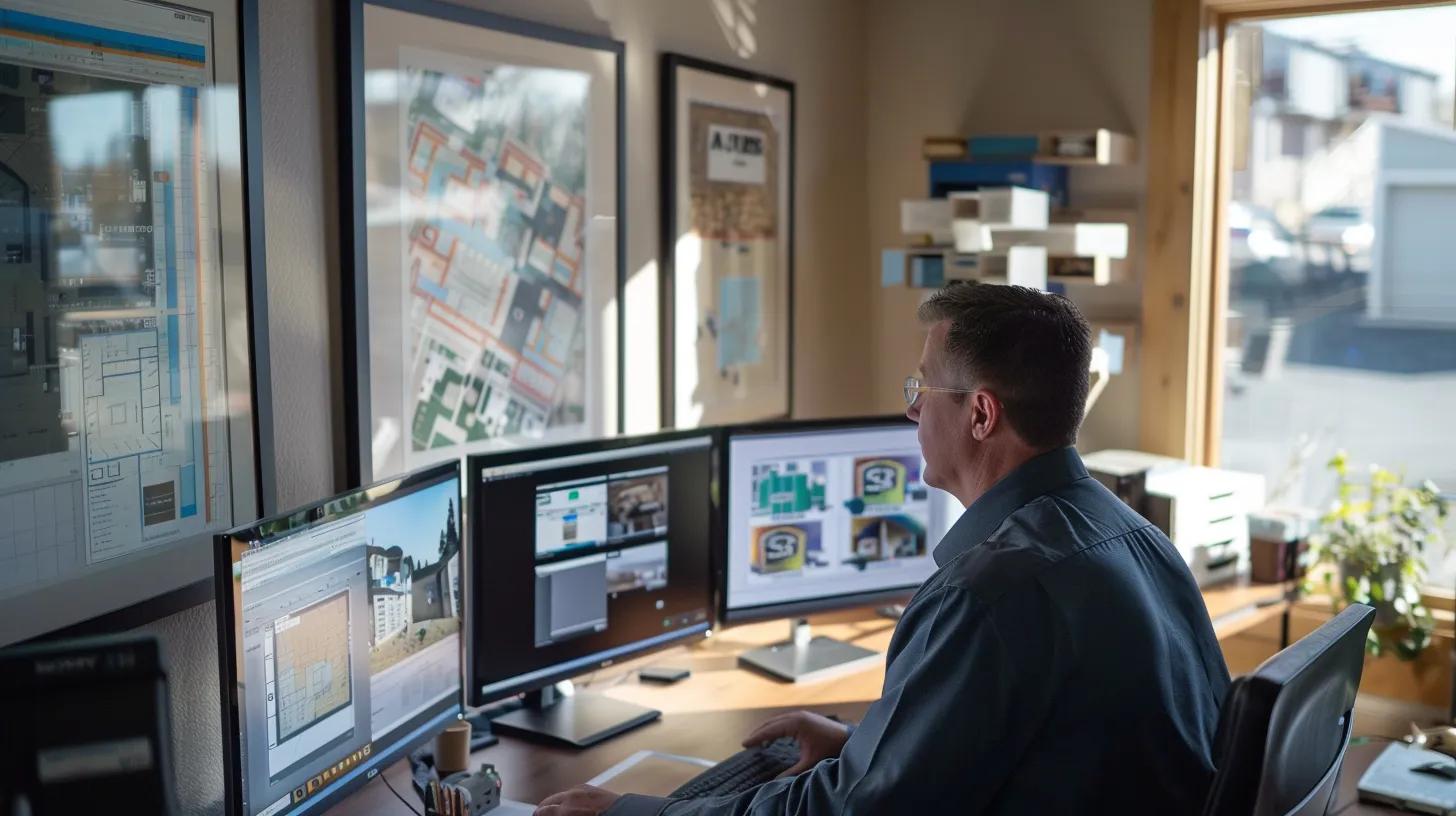 a focused office environment showcases a home building consultant engaged in a detailed discussion with contractors over architectural blueprints and digital projections, highlighting strategic planning and collaboration in the construction industry.