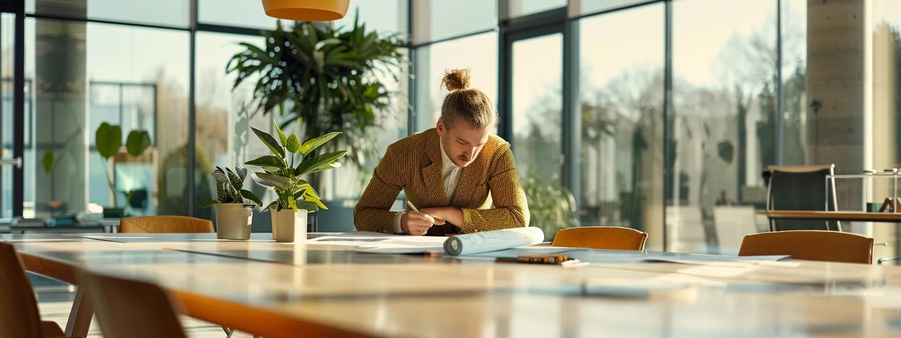 a focused office interior showcases a professional engaged in a detailed discussion with an open blueprint of a home renovation project spread across a sleek conference table, emphasizing the importance of understanding local regulations and permits in houston.