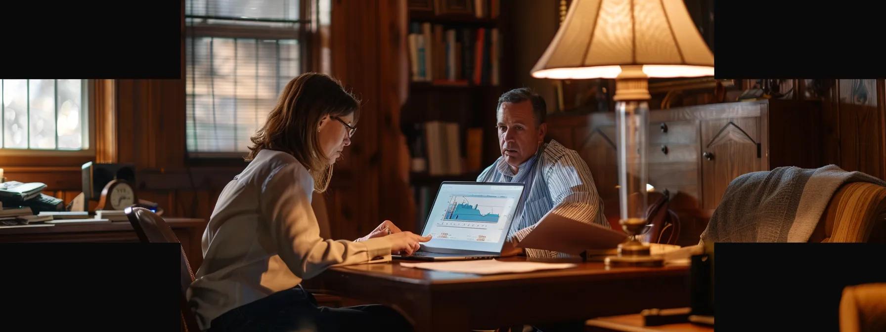 a focused office scene captures a professional realtor discussing mortgage strategies with a homeowner, emphasizing detailed documents and a laptop displaying financial graphs, illuminated by warm, focused lighting. a focused office scene captures a professional realtor discussing mortgage strategies with a homeowner, emphasizing detailed documents and a laptop displaying financial graphs, illuminated by warm, focused lighting.