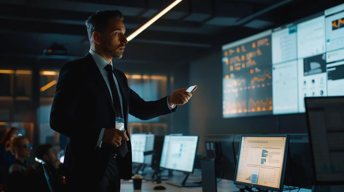 a focused office scene captures a confident contractor presenting a comprehensive licensing chart to a captivated audience, illuminated by bright overhead lighting that emphasizes their determination and professionalism.