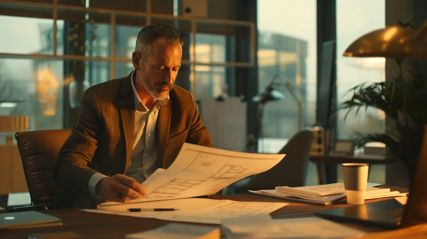 A home building consultant carefully reviews architectural plans in a professional office, emphasizing attention to detail and expertise. A home building consultant carefully reviews architectural plans in a professional office, emphasizing attention to detail and expertise.