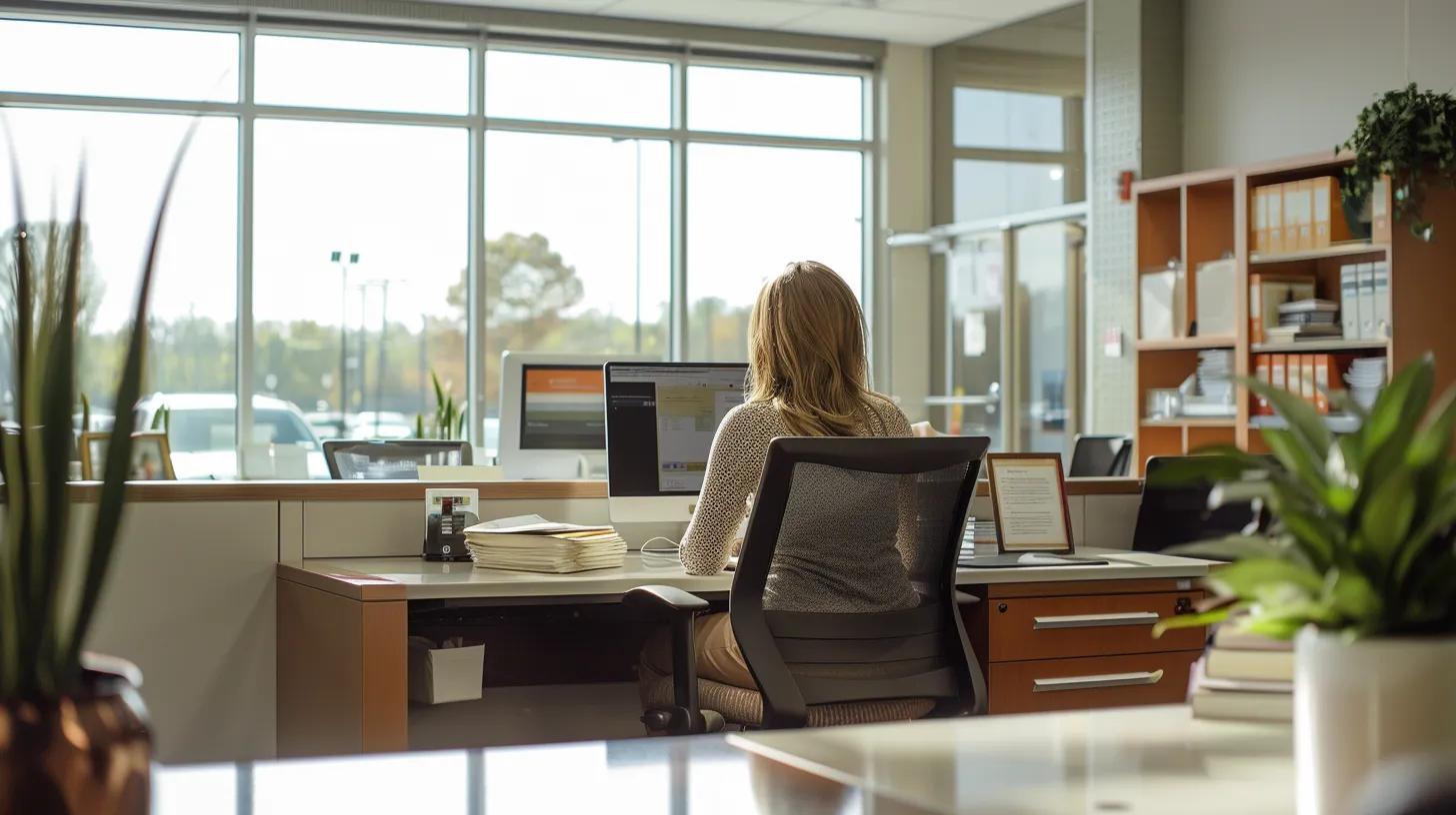 a focused office scene depicts an applicant sitting at a sleek desk, surrounded by neatly organized paperwork and a computer screen displaying the tennessee department of commerce and insurance website, embodying the structured process of applying for a commercial contractor license in knoxville, tn.