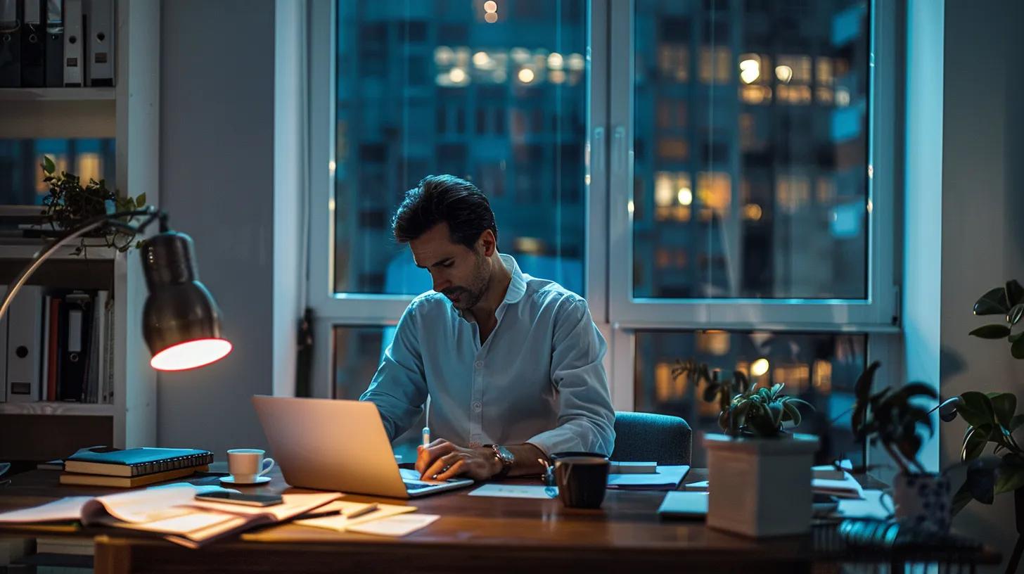 a focused office scene displays a professional sitting at a sleek desk, reviewing comprehensive documents related to contractor licensing eligibility requirements, illuminated by sharp overhead lighting that highlights the serious nature of the task.