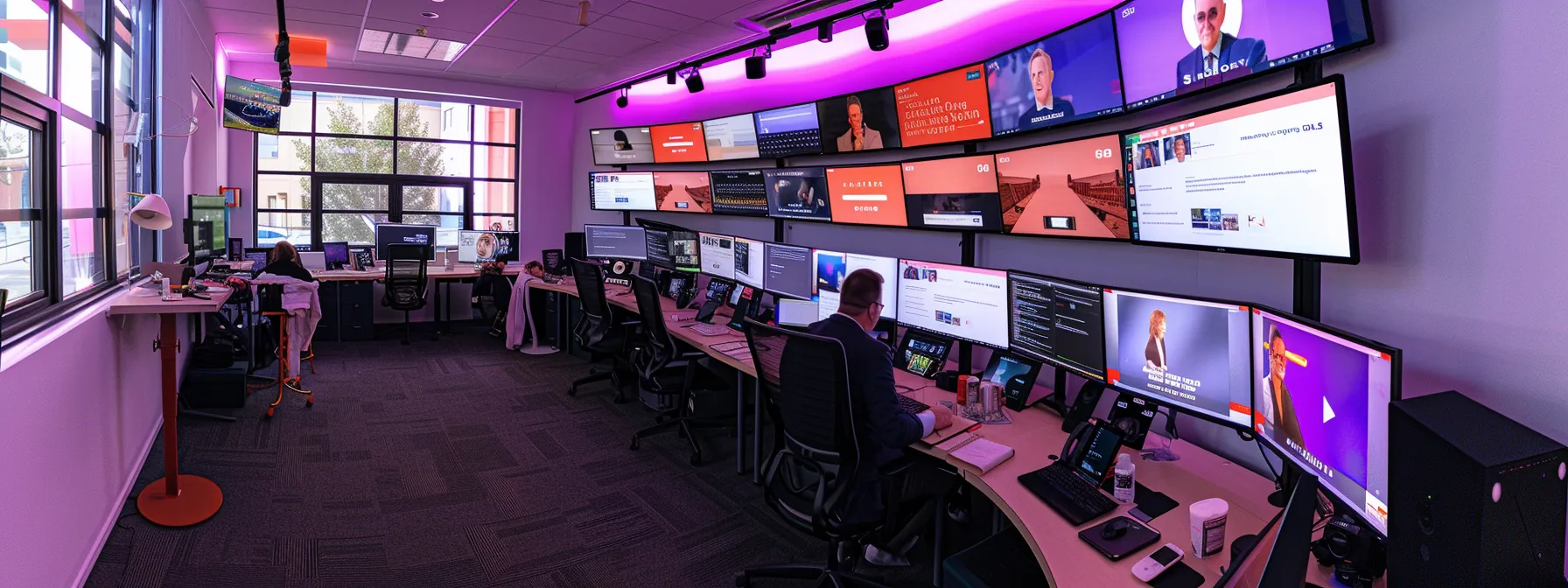 a focused office scene showcases a professional engaged in a virtual webinar on google ads updates, surrounded by multiple screens displaying analytics and marketing strategies.