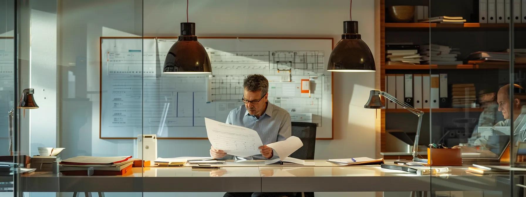 a focused office scene showcases an executive meticulously reviewing intricate proposals and contracts laid out on a sleek glass desk, illuminated by warm overhead lights, emphasizing the seriousness and attention to detail required in the kitchen remodeling negotiation process. a focused office scene showcases an executive meticulously reviewing intricate proposals and contracts laid out on a sleek glass desk, illuminated by warm overhead lights, emphasizing the seriousness and attention to detail required in the kitchen remodeling negotiation process.