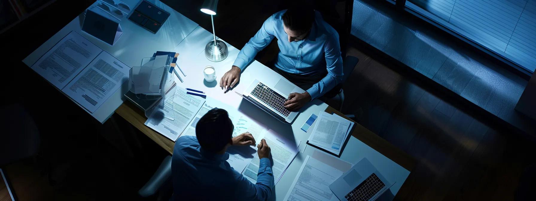 a focused office setting captures a professional negotiating over a roof claim settlement, featuring a close-up of a detailed document alongside a laptop, illuminated by sharp overhead lighting that accentuates the seriousness of the discussion. a focused office setting captures a professional negotiating over a roof claim settlement, featuring a close-up of a detailed document alongside a laptop, illuminated by sharp overhead lighting that accentuates the seriousness of the discussion.