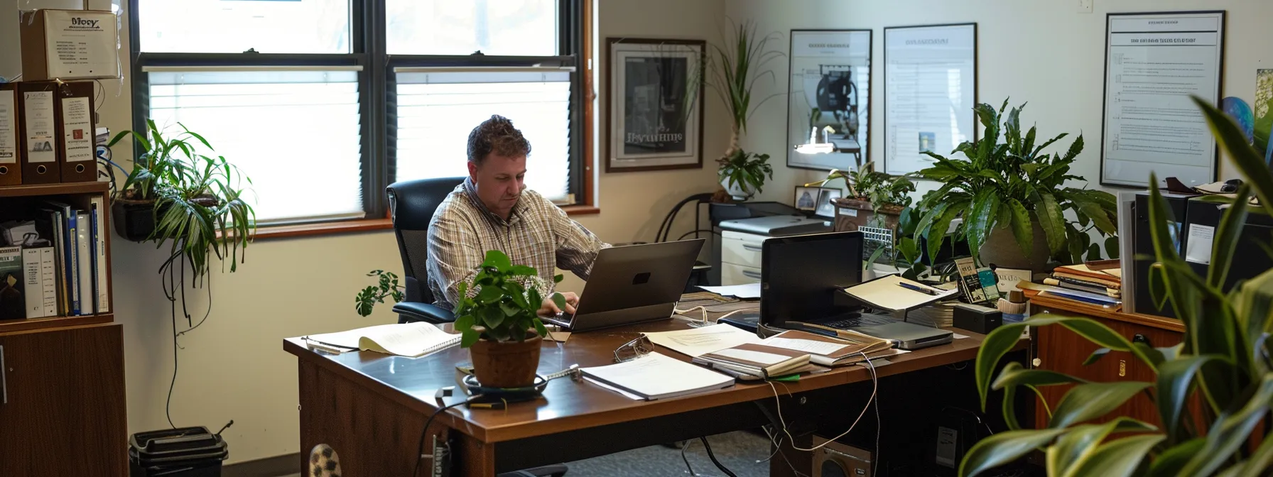 a focused office setting features a professional consulting over a laptop, surrounded by organized files and tax documents, symbolizing the meticulous process of navigating solar energy tax credits with an air of determination and efficiency. a focused office setting features a professional consulting over a laptop, surrounded by organized files and tax documents, symbolizing the meticulous process of navigating solar energy tax credits with an air of determination and efficiency.