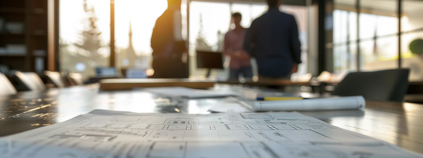 a focused office setting features a serious discussion between a property owner and a commercial demolition contractor, highlighted by blueprints and regulatory documents spread across a sleek conference table, conveying a sense of professionalism and informed decision-making.