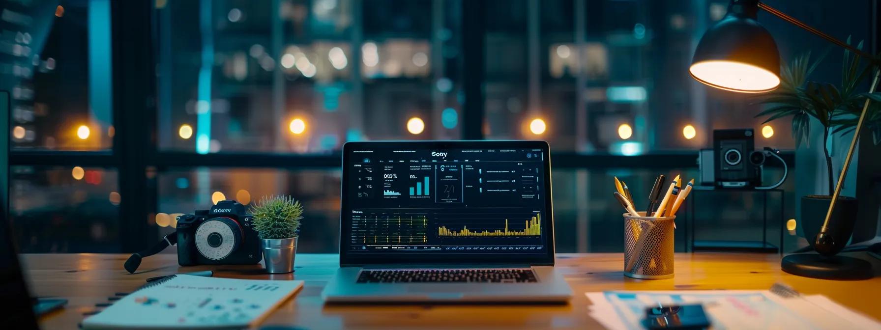 a focused office workspace features a sleek laptop displaying keyword analytics on the screen, surrounded by organised notes and digital marketing visuals, embodying the essence of a strategic seo planning session.