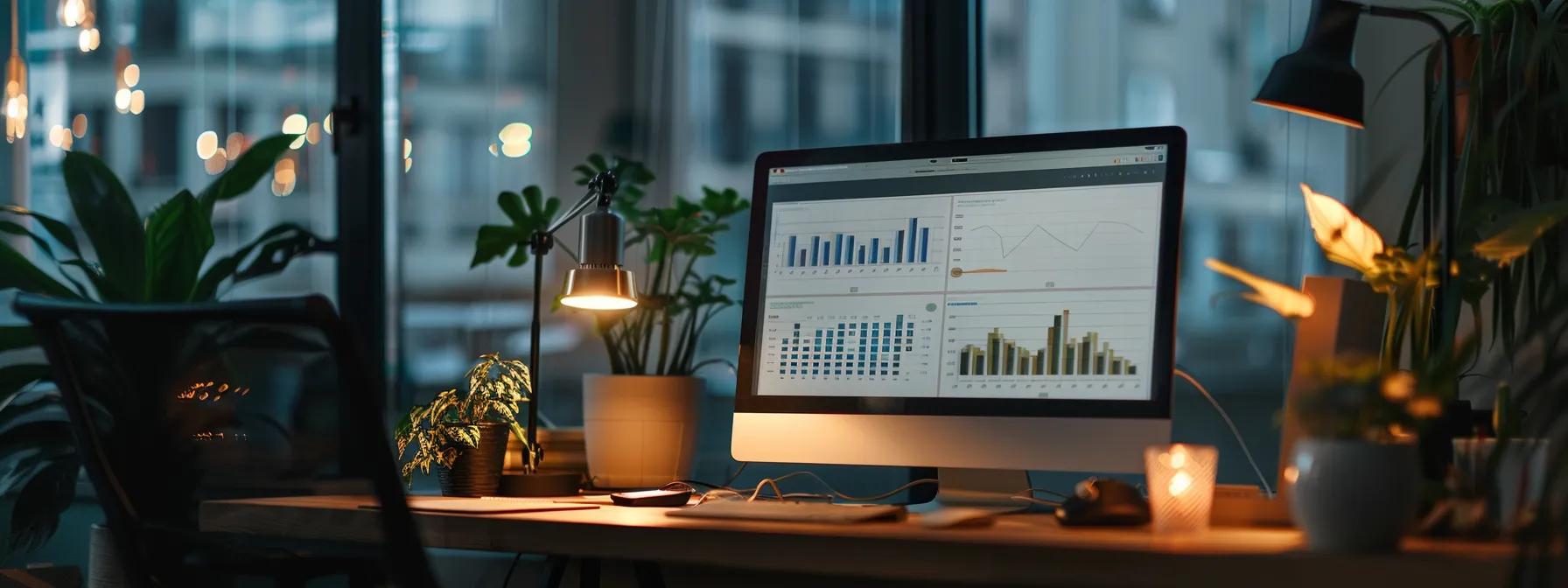 a focused office workspace featuring a neatly arranged desk with a computer displaying a detailed medicare cost comparison chart, illuminated by warm overhead lighting, conveying an atmosphere of diligence and financial planning.