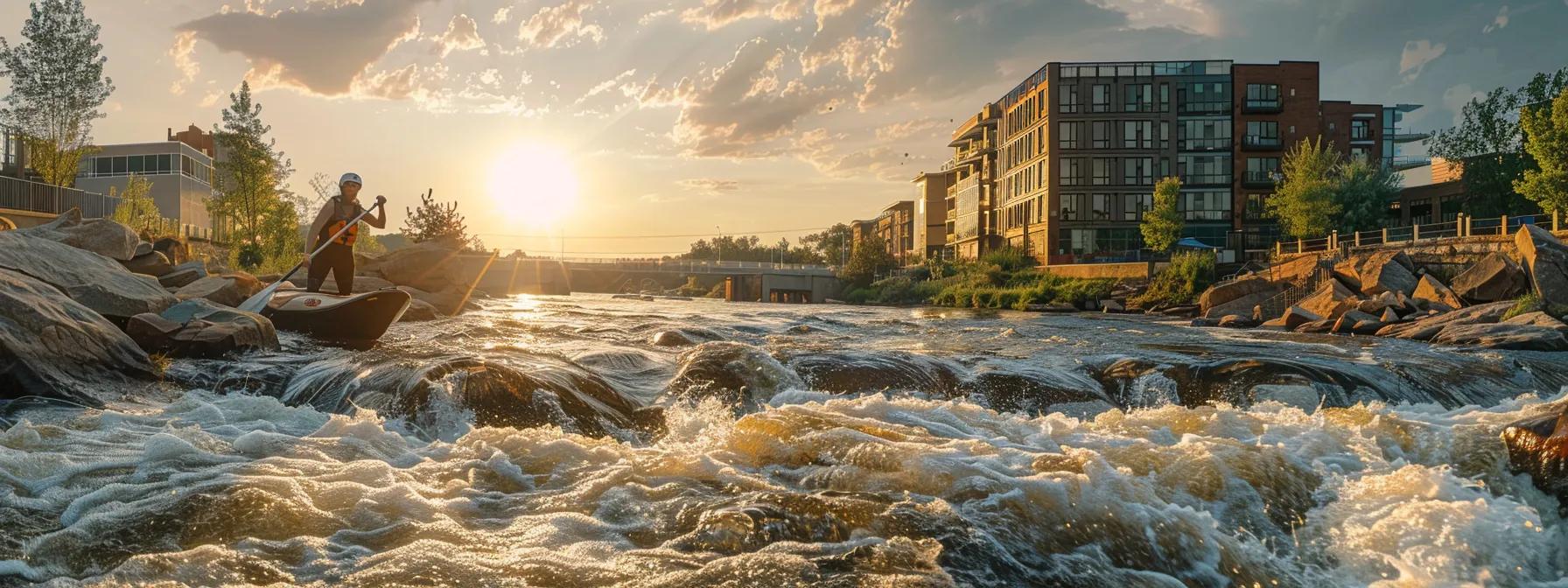 a focused paddler expertly navigates a tumultuous whitewater rapid, showcasing dynamic maneuverability and precise techniques against a backdrop of stark, modern architectural structures, highlighting the intersection of skill and urban innovation in adventure sports.