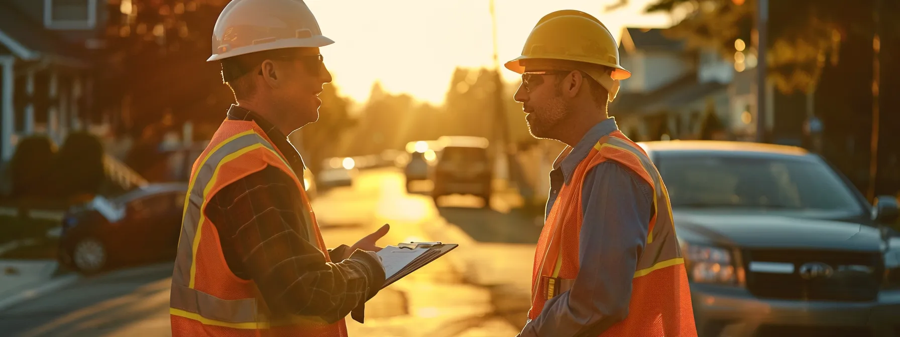 a focused paving contractor engages in a lively discussion with a satisfied client amidst a backdrop of freshly laid asphalt, illuminated by warm afternoon sunlight that highlights their expressions of trust and collaboration. a focused paving contractor engages in a lively discussion with a satisfied client amidst a backdrop of freshly laid asphalt, illuminated by warm afternoon sunlight that highlights their expressions of trust and collaboration.