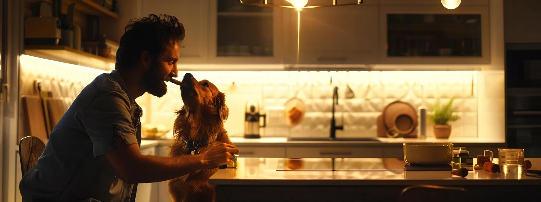 a focused pet owner in a modern kitchen carefully supervises their energetic dog as it chews on a specifically sized bully stick, illuminated by warm overhead lighting that highlights the safe and inviting environment. a focused pet owner in a modern kitchen carefully supervises their energetic dog as it chews on a specifically sized bully stick, illuminated by warm overhead lighting that highlights the safe and inviting environment.