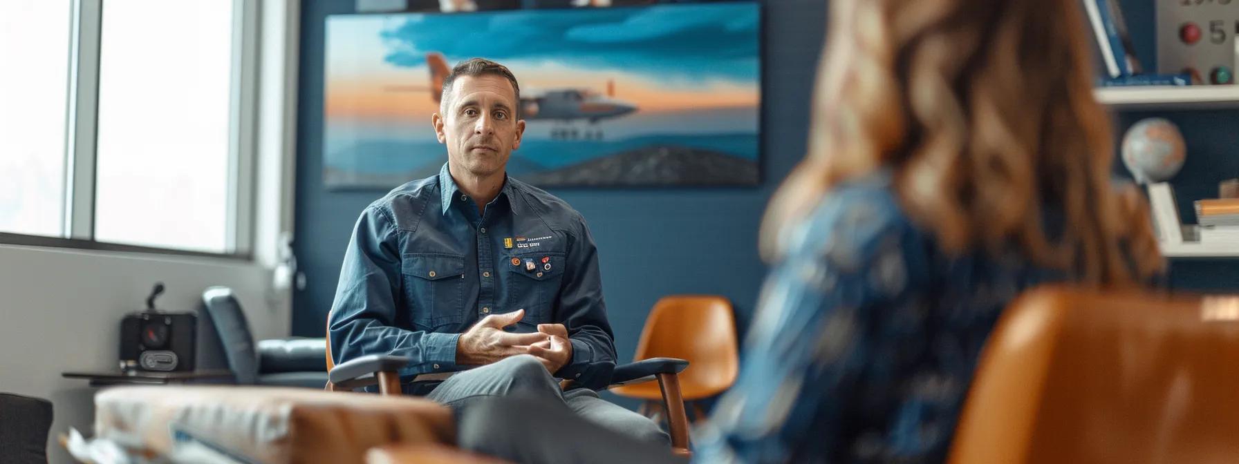 a focused pilot seated in a modern office setting engages in a deep conversation during a mental health support session, surrounded by inspirational posters and calming decor that reflect the transformative journey towards emotional resilience and balance.