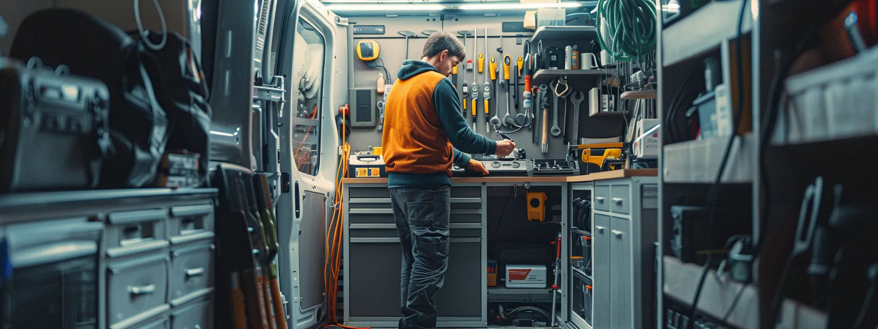 a focused plumber in a professionally equipped service van examines sophisticated tools and diagnostic equipment while discussing urgent repair solutions with a concerned homeowner in a well-lit urban garage. a focused plumber in a professionally equipped service van examines sophisticated tools and diagnostic equipment while discussing urgent repair solutions with a concerned homeowner in a well-lit urban garage.