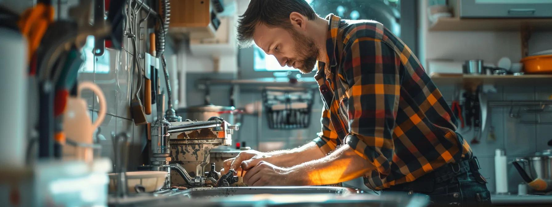 a focused plumber is expertly diagnosing a malfunctioning garbage disposal in a modern, well-lit kitchen, surrounded by tools and equipment that highlight the intricacies of plumbing repair work. a focused plumber is expertly diagnosing a malfunctioning garbage disposal in a modern, well-lit kitchen, surrounded by tools and equipment that highlight the intricacies of plumbing repair work.