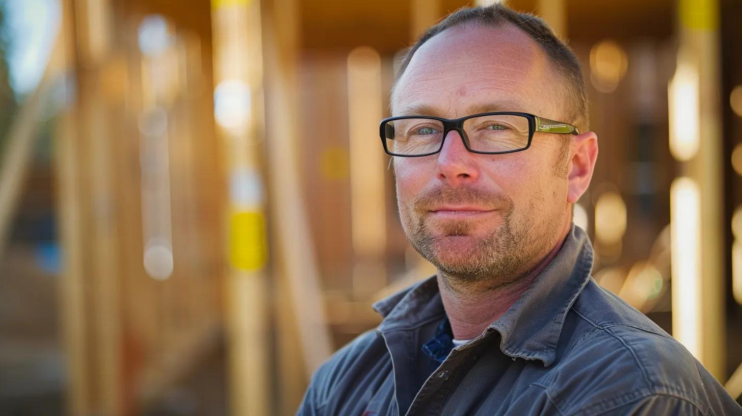 a focused portrait of a professional builder standing confidently in front of a partially constructed home, surrounded by blueprints and safety signage, conveying trust and reliability in a sunlit environment. a focused portrait of a professional builder standing confidently in front of a partially constructed home, surrounded by blueprints and safety signage, conveying trust and reliability in a sunlit environment.