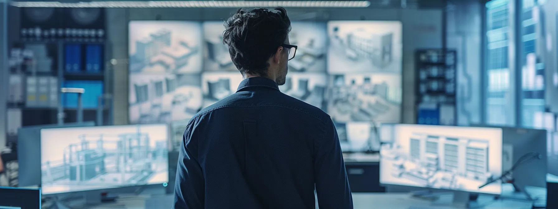 a focused professional immersed in a sleek, modern office, intently reviewing intricate architectural designs on a high-resolution screen, surrounded by advanced technology tools and virtual reality setups that emphasize ongoing learning in the field.