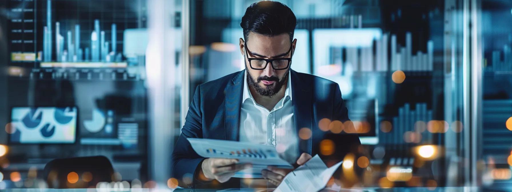 a focused professional in a sleek, modern office environment analyzes financial documents and charts on a digital tablet, surrounded by projections of future financial goals and risk assessments.