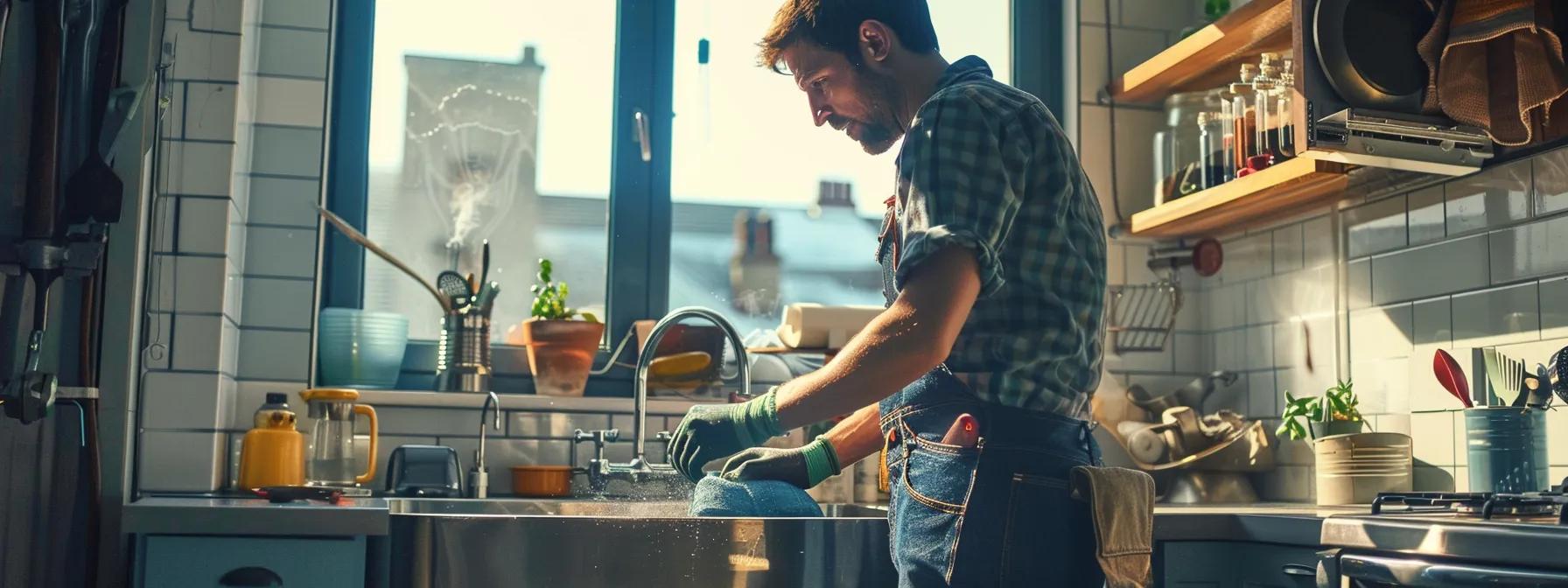 a focused, professional plumber in a well-lit urban kitchen examines a complex plumbing issue with clear tools at hand, embodying trust and expertise amidst an organized workspace.