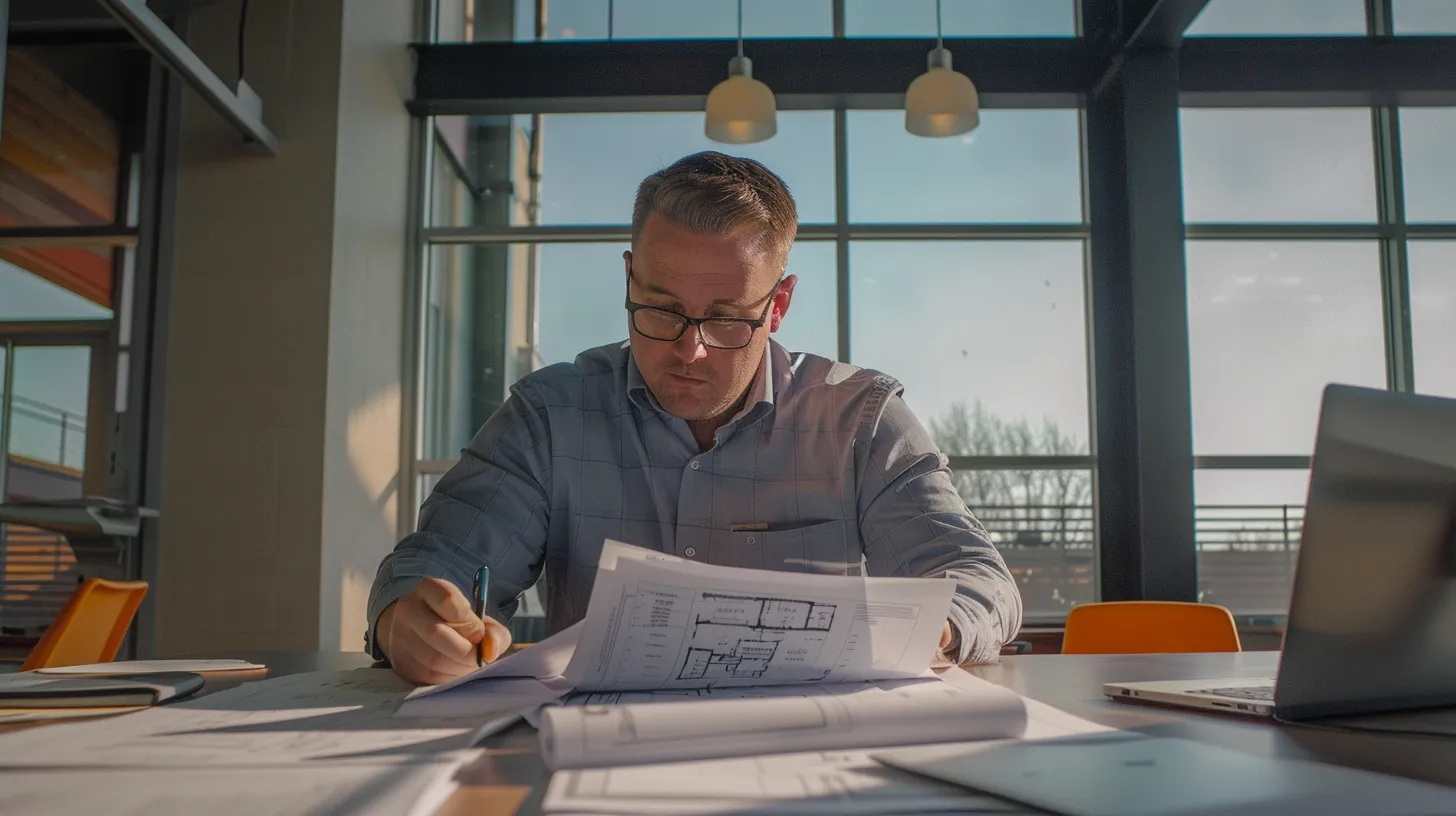 a focused professional sits confidently at a sleek conference table in a modern office, reviewing detailed blueprints and industry reports while surrounded by high-tech construction tools, embodying the essence of strategic preparation for a home construction consultant interview. a focused professional sits confidently at a sleek conference table in a modern office, reviewing detailed blueprints and industry reports while surrounded by high-tech construction tools, embodying the essence of strategic preparation for a home construction consultant interview.
