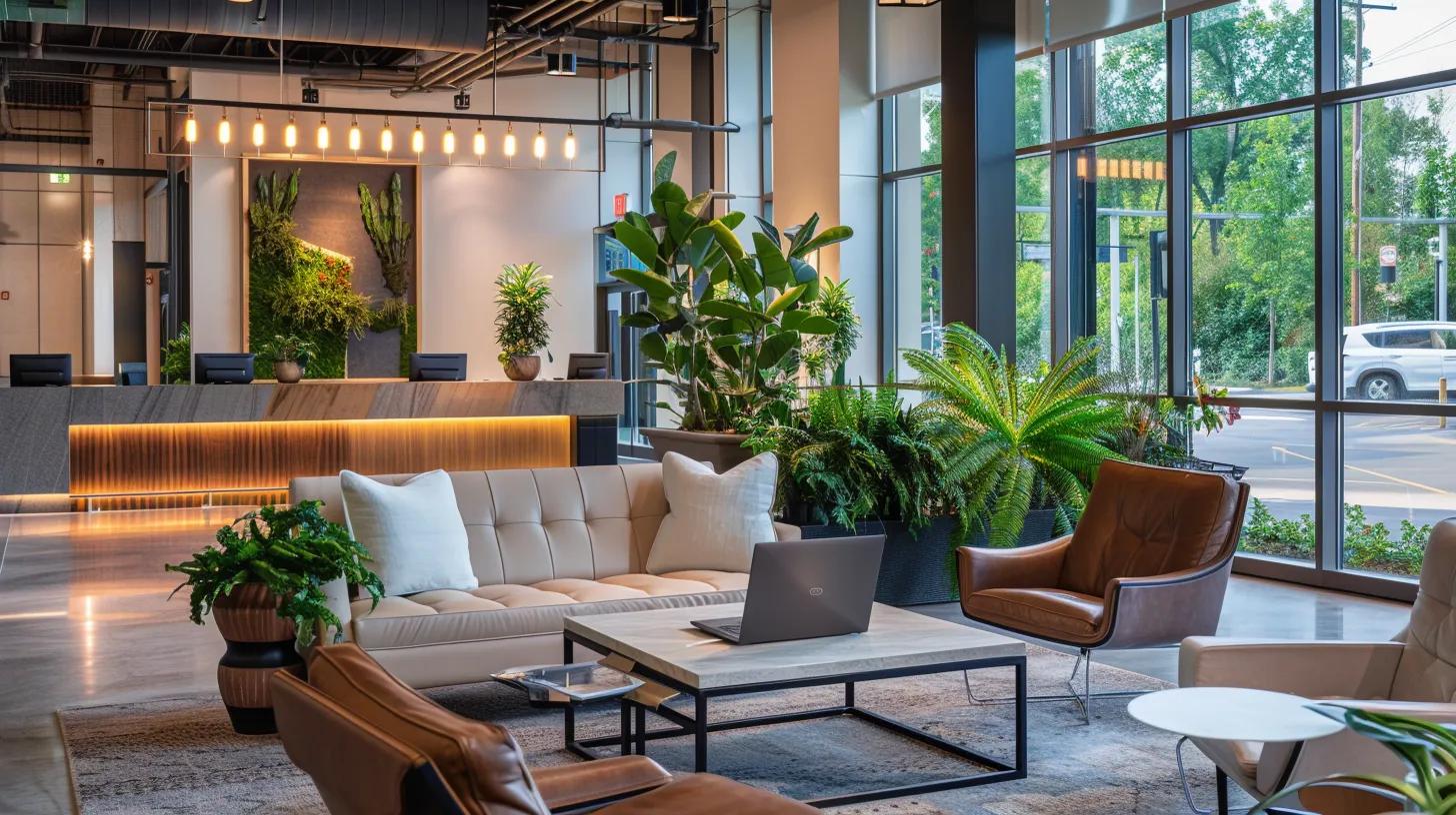 a focused, professional space showcasing a sleek laptop displaying contractor reviews, surrounded by vibrant plants and soft natural light, emphasizing meticulous research in selecting commercial contractors in knoxville. a focused, professional space showcasing a sleek laptop displaying contractor reviews, surrounded by vibrant plants and soft natural light, emphasizing meticulous research in selecting commercial contractors in knoxville.