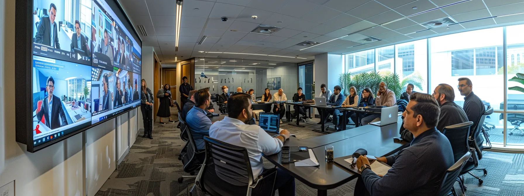 a focused professional stands confidently in a sleek, modern office, presenting a dynamic media pitch on a large screen, surrounded by engaged colleagues immersed in strategic discussions about leveraging television appearances for enhanced visibility.