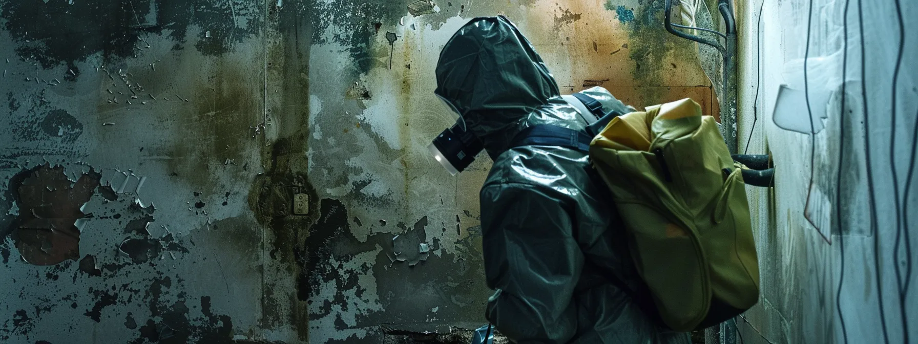 a focused, realistic scene captures a mold remediation professional in protective gear meticulously inspecting a water-damaged wall, with visible containment barriers and air filtration equipment in a well-lit environment, conveying a sense of urgency and thoroughness in the restoration process. a focused, realistic scene captures a mold remediation professional in protective gear meticulously inspecting a water-damaged wall, with visible containment barriers and air filtration equipment in a well-lit environment, conveying a sense of urgency and thoroughness in the restoration process.