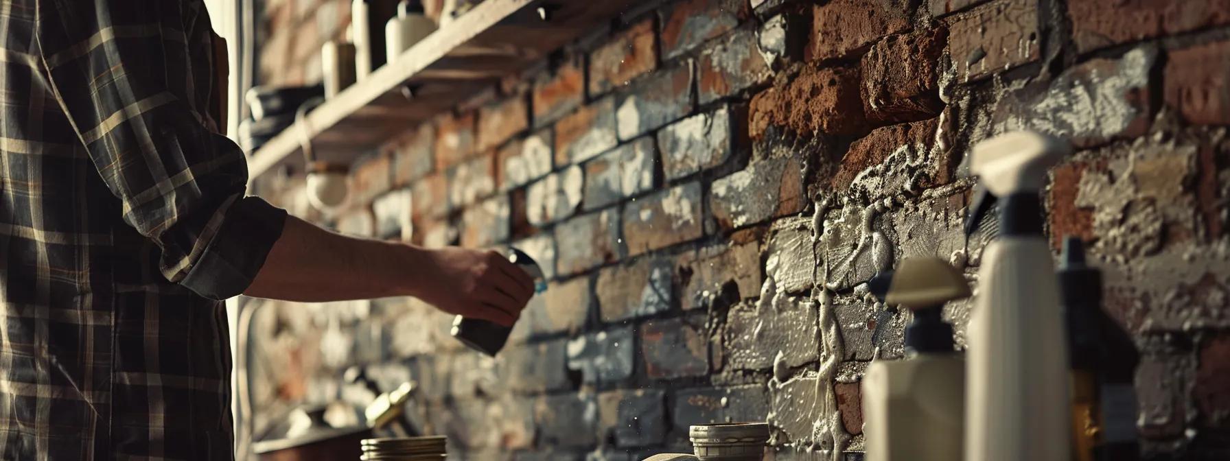 a focused, realistic scene in a modern urban environment captures a person diligently applying eco-friendly brick cleaning solution to a weathered brick wall, surrounded by tools such as a spray bottle and soft brush, highlighting the process of careful maintenance with an emphasis on sustainability. a focused, realistic scene in a modern urban environment captures a person diligently applying eco-friendly brick cleaning solution to a weathered brick wall, surrounded by tools such as a spray bottle and soft brush, highlighting the process of careful maintenance with an emphasis on sustainability.