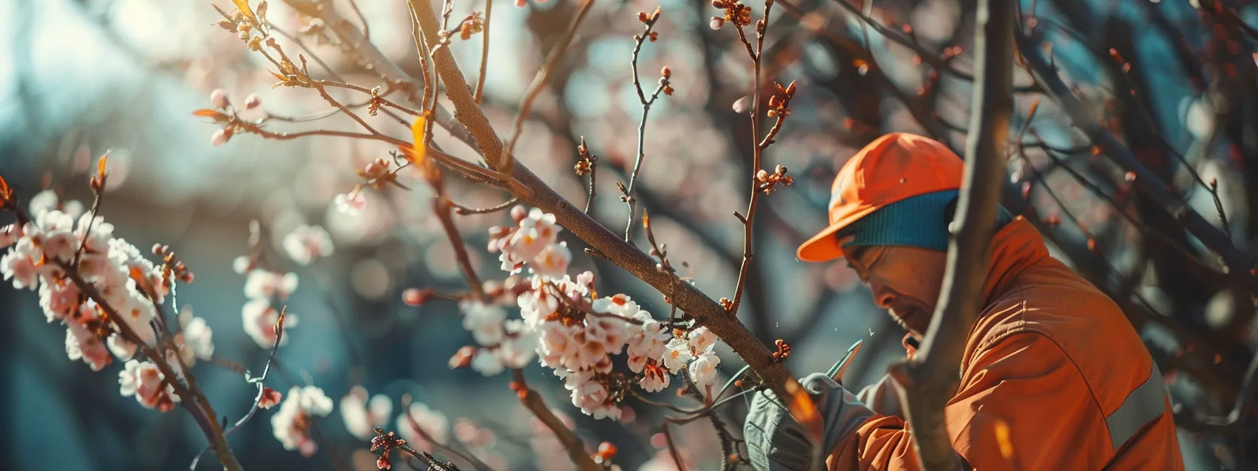 a focused, realistic scene of an experienced arborist carefully pruning a tree in a well-maintained urban garden during early spring, showcasing the vibrant buds and fresh growth while demonstrating optimal cutting techniques with a chainsaw. a focused, realistic scene of an experienced arborist carefully pruning a tree in a well-maintained urban garden during early spring, showcasing the vibrant buds and fresh growth while demonstrating optimal cutting techniques with a chainsaw.