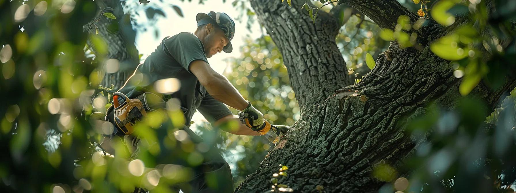 a focused scene in a meticulously organized workshop features a skilled arborist using precise tools to prune a large, healthy tree, showcasing the expertise and care essential for maintaining tree health and structure.