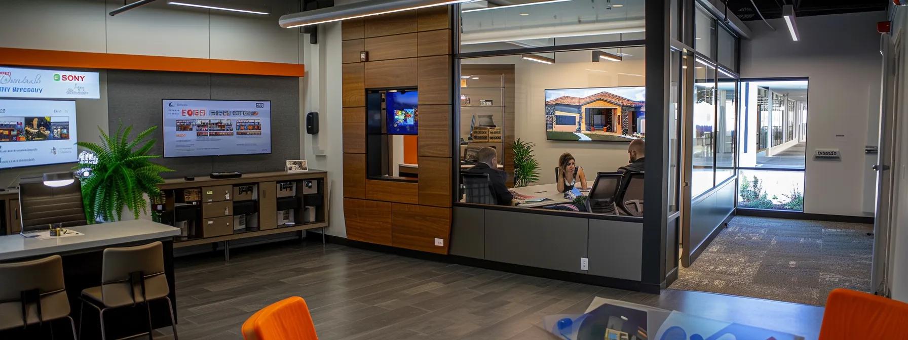 a focused scene in a modern office featuring a financial advisor engaged in a discussion with a client, surrounded by roofing project brochures and a large screen displaying financing options, conveying a sense of professionalism and clarity in navigating roofing project finances. a focused scene in a modern office featuring a financial advisor engaged in a discussion with a client, surrounded by roofing project brochures and a large screen displaying financing options, conveying a sense of professionalism and clarity in navigating roofing project finances.