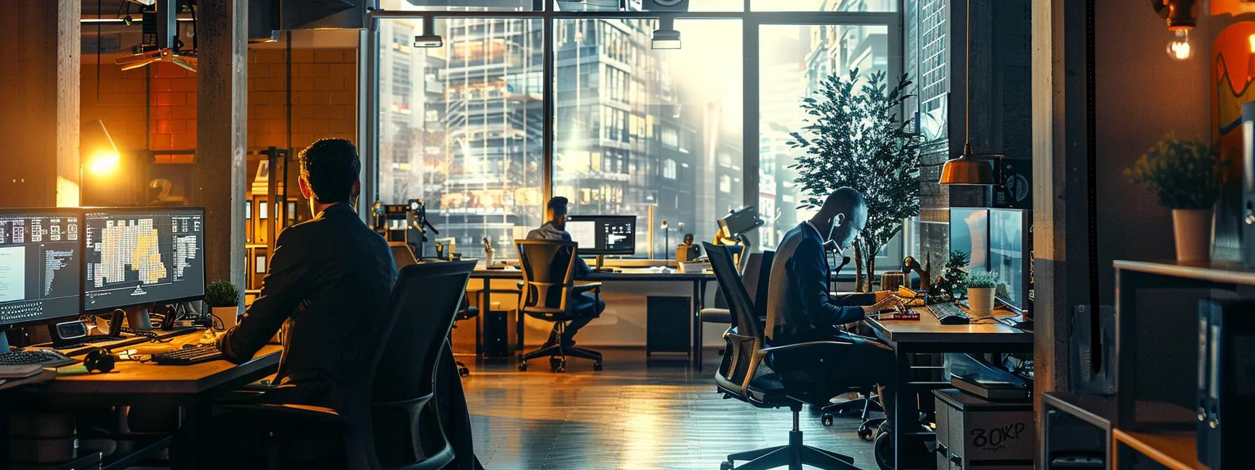 a focused scene in a bustling urban office, showcasing law enforcement officers engaging with cannabis retailers amidst high-tech surveillance equipment and digital forensics tools, highlighting community collaboration in response to increased burglary threats.