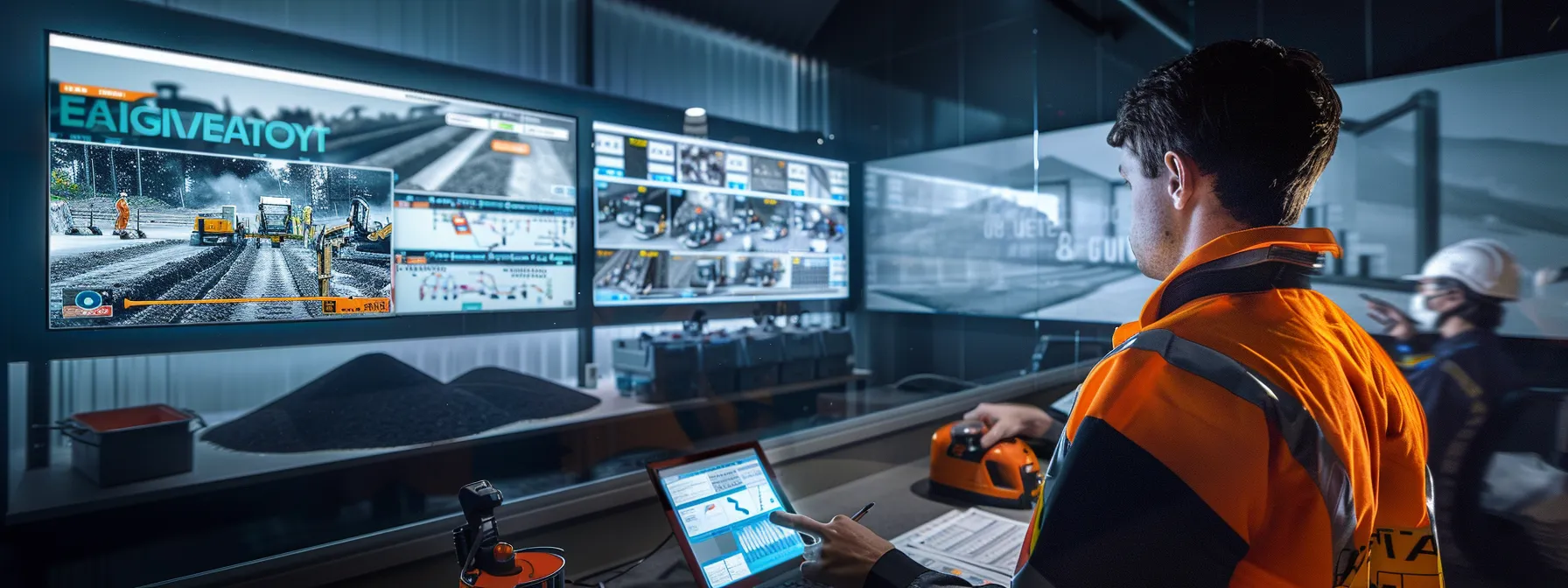 a focused scene in a modern construction office, depicting an asphalt specialist analyzing detailed project specifications and mix options on a sleek digital tablet, surrounded by samples of various asphalt mixes and blueprints, illuminated by bright, artificial lighting.