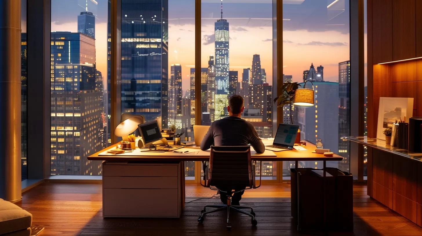 a focused scene inside a modern office featuring a professional reviewing contractor licensing documents at a sleek desk, illuminated by bright overhead lighting, with a large cityscape view visible through a floor-to-ceiling window.