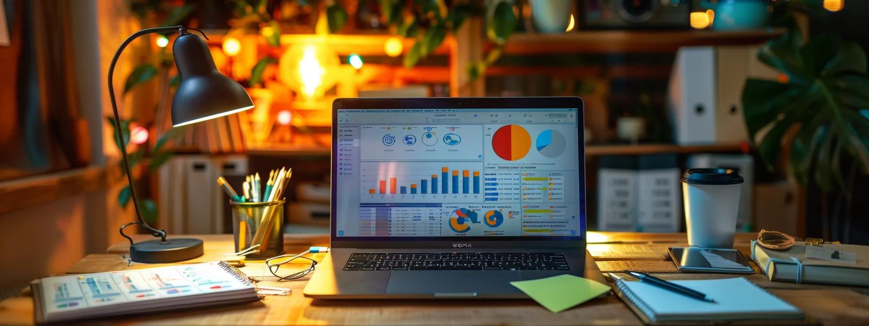 a focused scene of a modern office workstation featuring a sleek laptop with seo analytics displayed on the screen, surrounded by notepads and colorful sticky notes, illuminated by warm ambient lighting that creates an inviting atmosphere for creative keyword research. a focused scene of a modern office workstation featuring a sleek laptop with seo analytics displayed on the screen, surrounded by notepads and colorful sticky notes, illuminated by warm ambient lighting that creates an inviting atmosphere for creative keyword research.