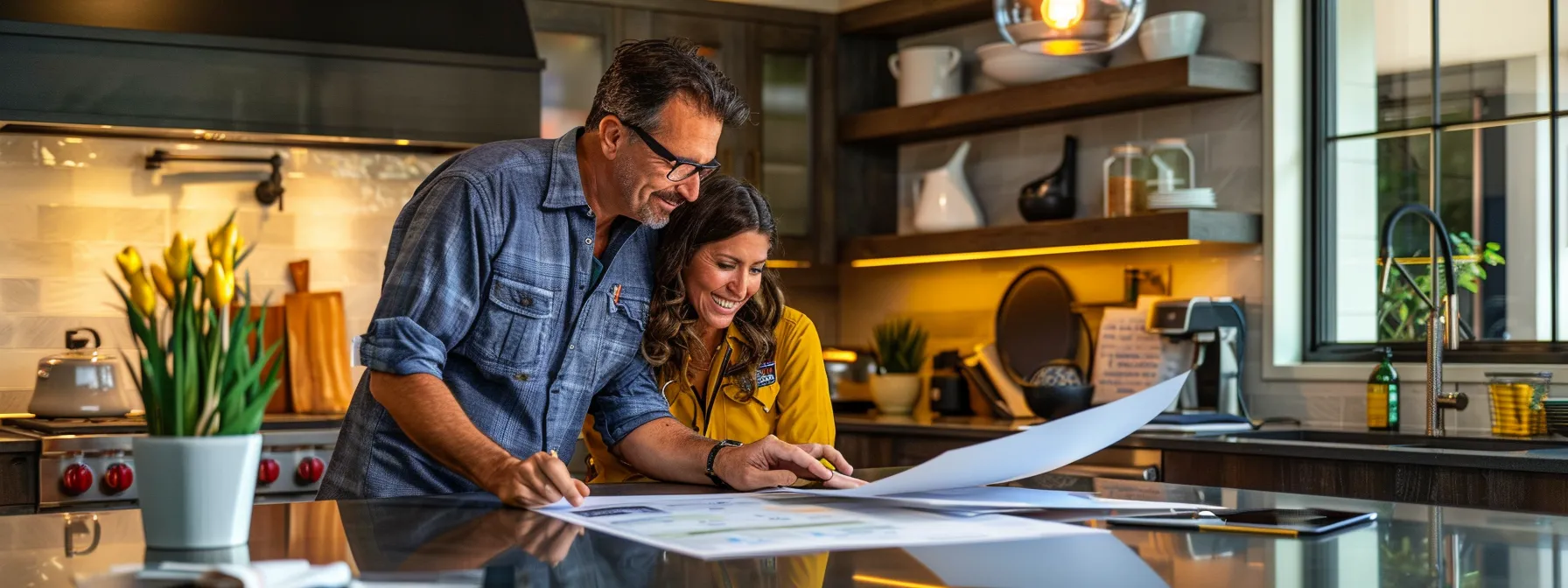 a focused shot captures a professional solar installer consulting with a homeowner in a modern kitchen, as they review a detailed installation plan and warranty pamphlets, highlighting the importance of choosing a qualified installer for a home solar project. a focused shot captures a professional solar installer consulting with a homeowner in a modern kitchen, as they review a detailed installation plan and warranty pamphlets, highlighting the importance of choosing a qualified installer for a home solar project.