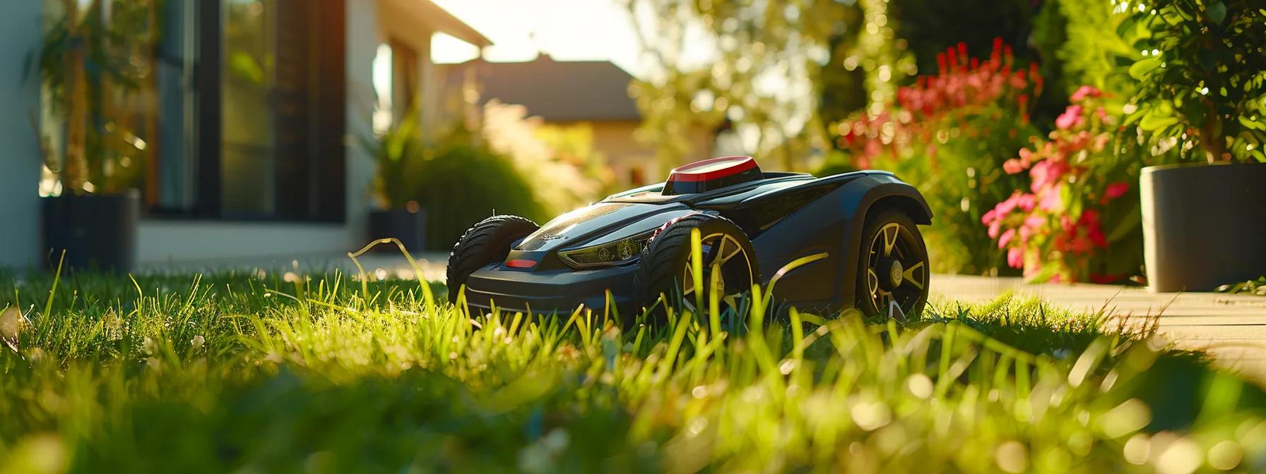 a focused shot of a sleek, modern lawnmower in action on a perfectly manicured suburban lawn, with crisp lines and vibrant green grass revealing the meticulous process of mowing for an ideal landscape. a focused shot of a sleek, modern lawnmower in action on a perfectly manicured suburban lawn, with crisp lines and vibrant green grass revealing the meticulous process of mowing for an ideal landscape.