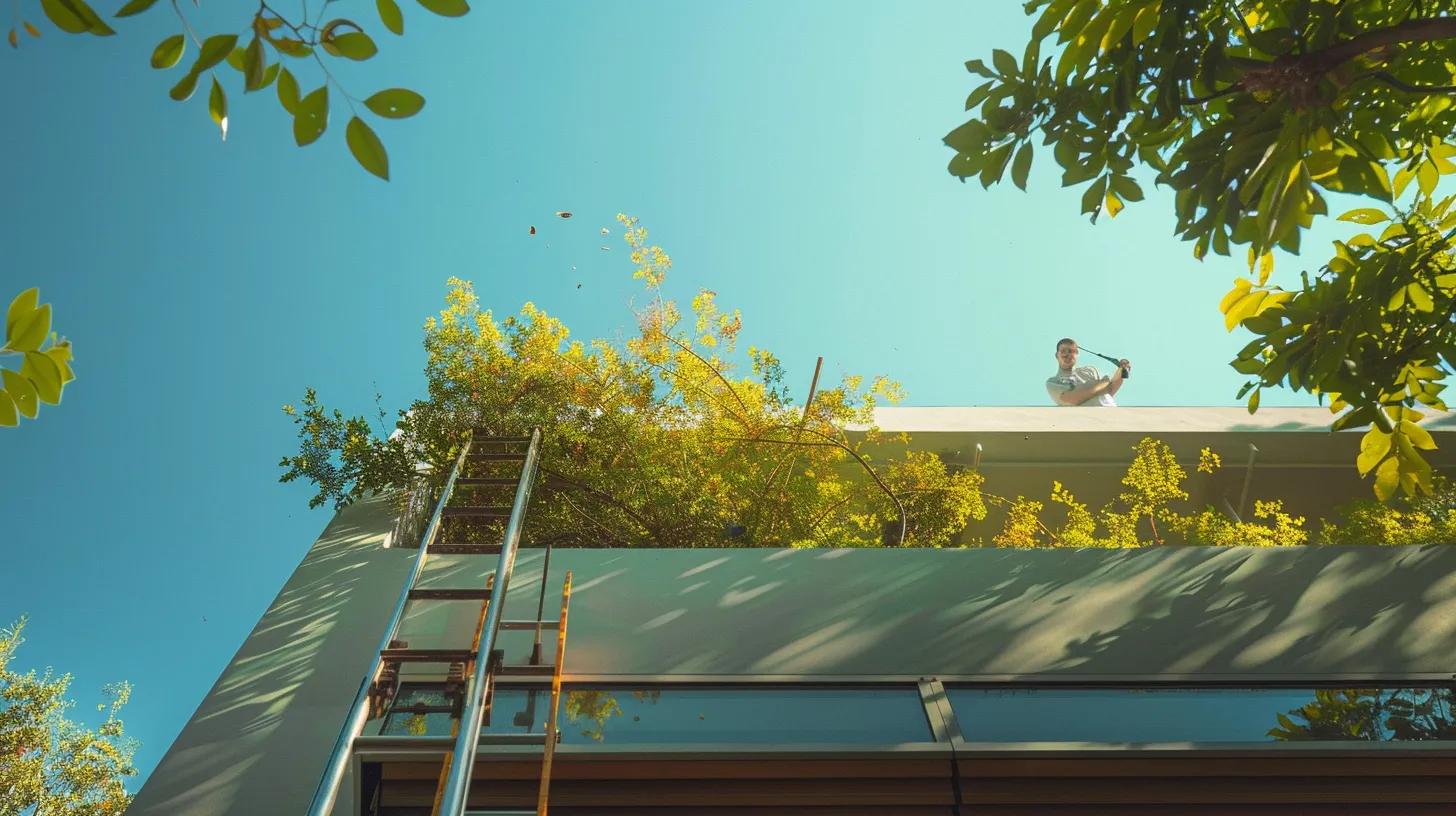 a focused shot of a modern urban home with a ladder propped against the roof, showcasing a person using a leaf blower to clear bright leaves and debris from gutters under a clear blue sky, emphasizing the importance of maintaining a well-kept drainage system.