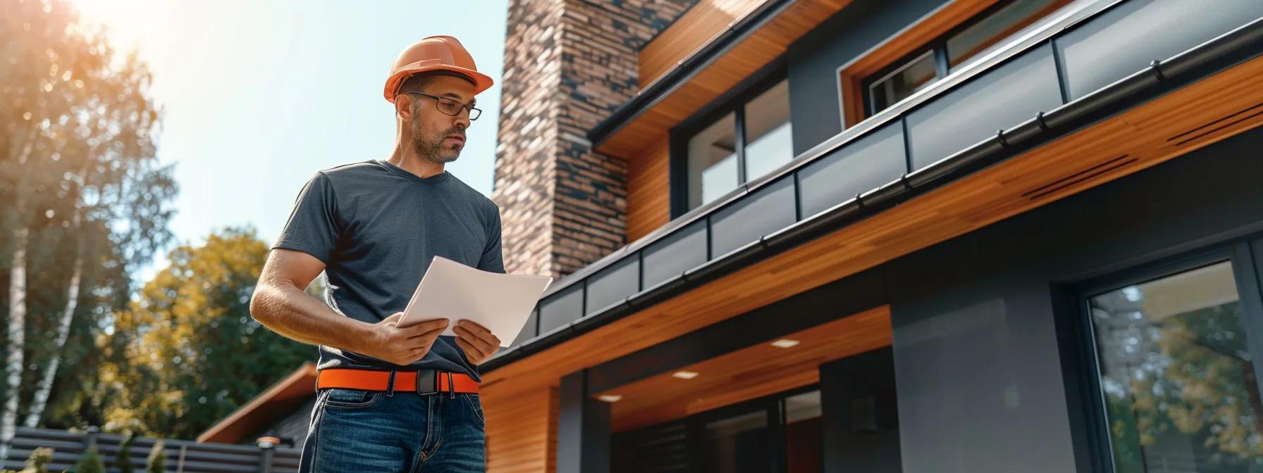 a focused shot of a professional contractor discussing seamless gutter installation with a homeowner, set in a modern urban backyard, showcasing detailed samples of smooth, metallic gutter materials against a sleek, contemporary home facade. a focused shot of a professional contractor discussing seamless gutter installation with a homeowner, set in a modern urban backyard, showcasing detailed samples of smooth, metallic gutter materials against a sleek, contemporary home facade.