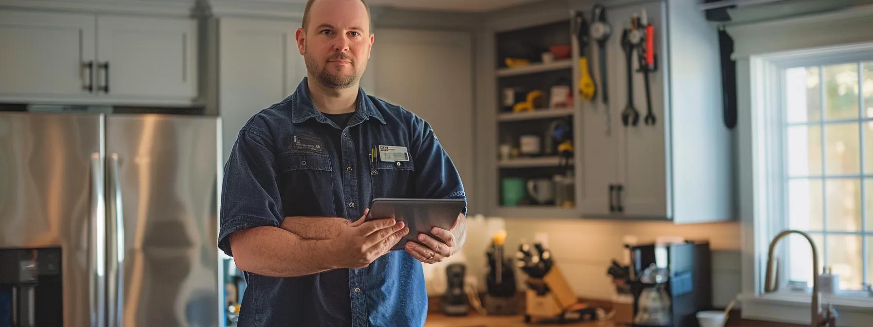 a focused shot of a professional electrician in a modern cape cod home, standing confidently with a certification badge and a digital tablet, surrounded by tools and equipment, emphasizing a serene yet industrious atmosphere of safety and expertise. a focused shot of a professional electrician in a modern cape cod home, standing confidently with a certification badge and a digital tablet, surrounded by tools and equipment, emphasizing a serene yet industrious atmosphere of safety and expertise.