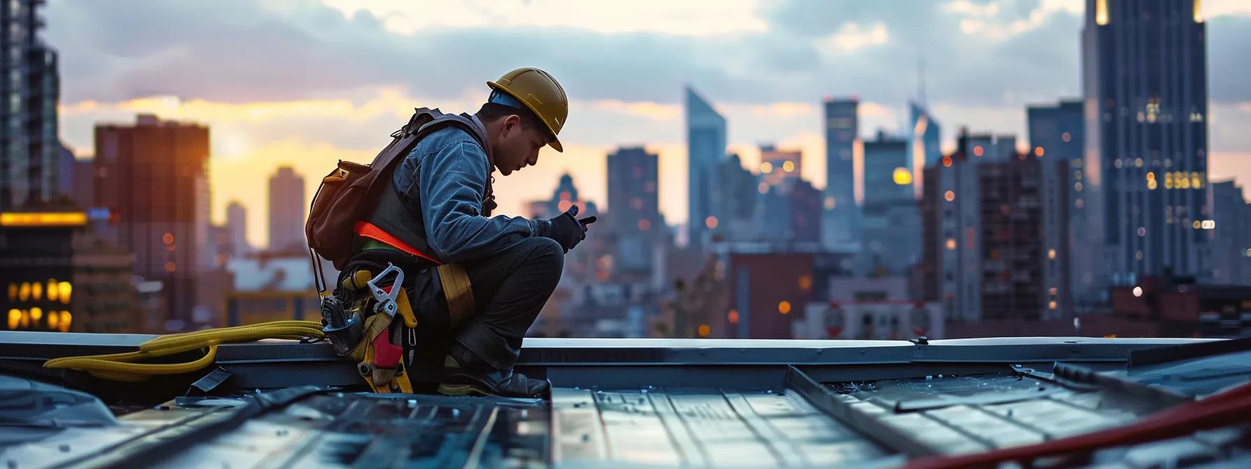 a focused shot of a licensed roof repair specialist inspecting a rooftop in a modern urban setting, showcasing their advanced tools and safety gear, while a city skyline looms in the background. a focused shot of a licensed roof repair specialist inspecting a rooftop in a modern urban setting, showcasing their advanced tools and safety gear, while a city skyline looms in the background.