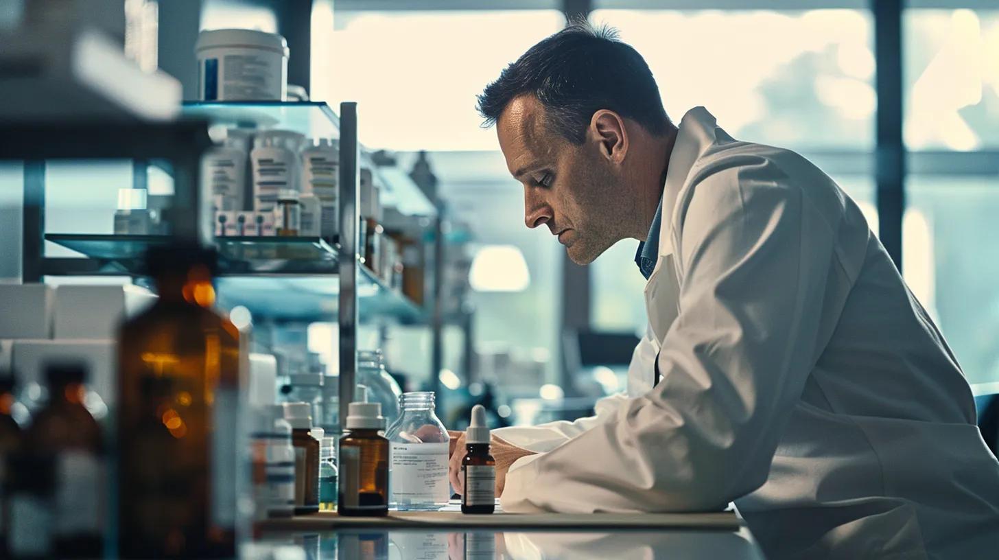 a focused shot of a veterinarian consulting with a concerned pet owner in a modern clinic setting, surrounded by various labeled eye drop bottles on a sleek examination table, emphasizing the importance of informed choices for pet eye care. a focused shot of a veterinarian consulting with a concerned pet owner in a modern clinic setting, surrounded by various labeled eye drop bottles on a sleek examination table, emphasizing the importance of informed choices for pet eye care.