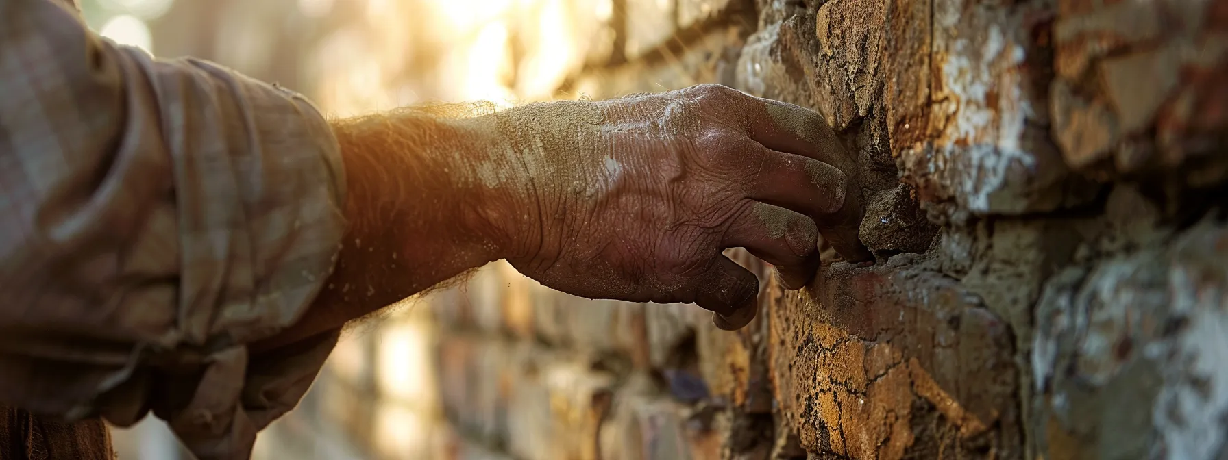a focused shot of a seasoned contractor examining mortar joints on a weathered brick wall, illuminated by warm afternoon sunlight, embodies the essence of expert assessment in home repair.