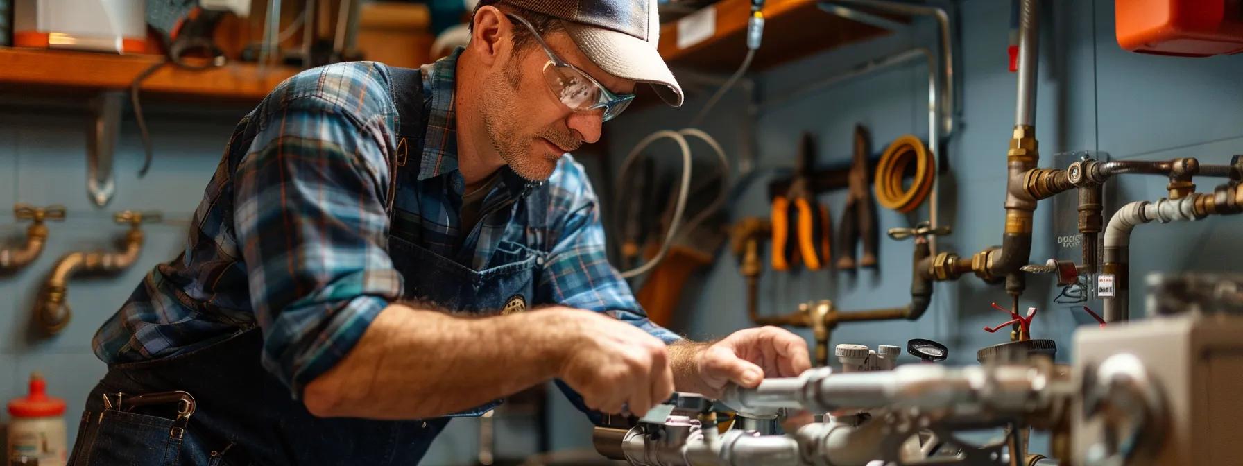 a focused shot of a plumber inspecting a home's plumbing system inside a well-lit, modern utility room, with tools and plumbing equipment neatly arranged in the background, illustrating the importance of annual inspections and preventative maintenance to avoid summer plumbing issues.