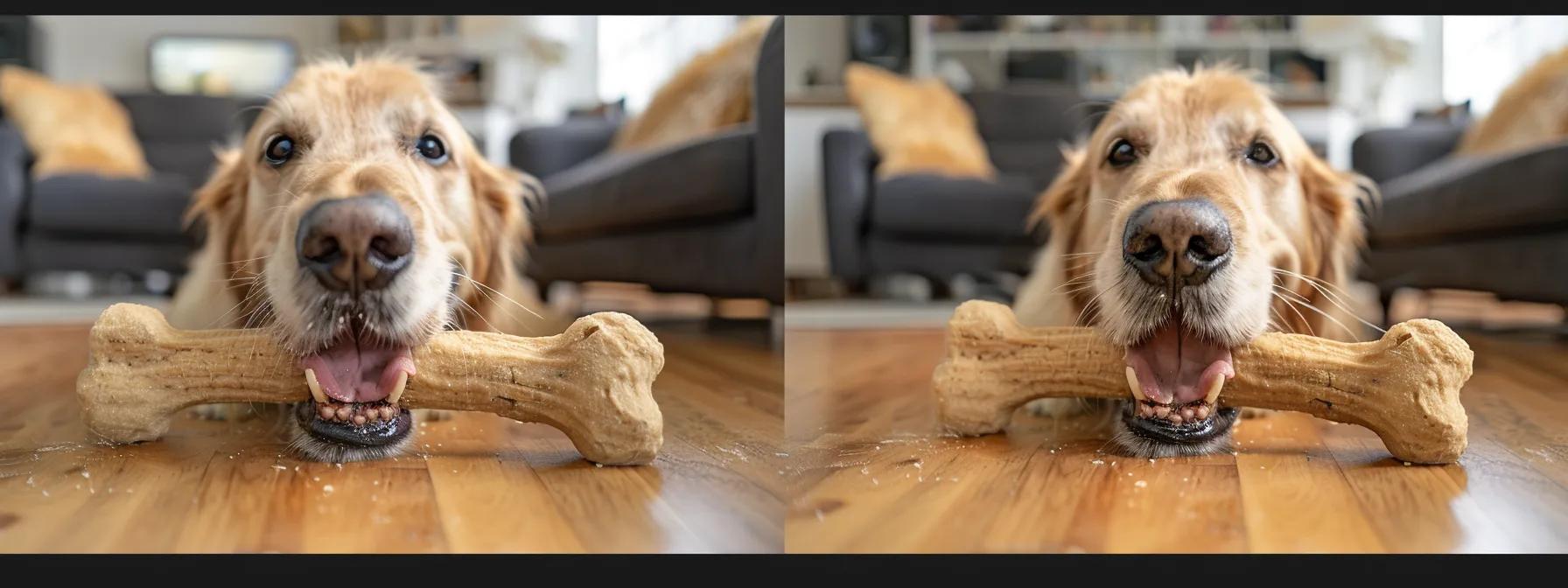 a focused shot of an enthusiastic dog happily chewing a large rawhide bone on a polished wooden floor in a cozy living room, highlighting the chew's texture and the dog's joyful expression amidst a warm and inviting indoor atmosphere. a focused shot of an enthusiastic dog happily chewing a large rawhide bone on a polished wooden floor in a cozy living room, highlighting the chew's texture and the dog's joyful expression amidst a warm and inviting indoor atmosphere.